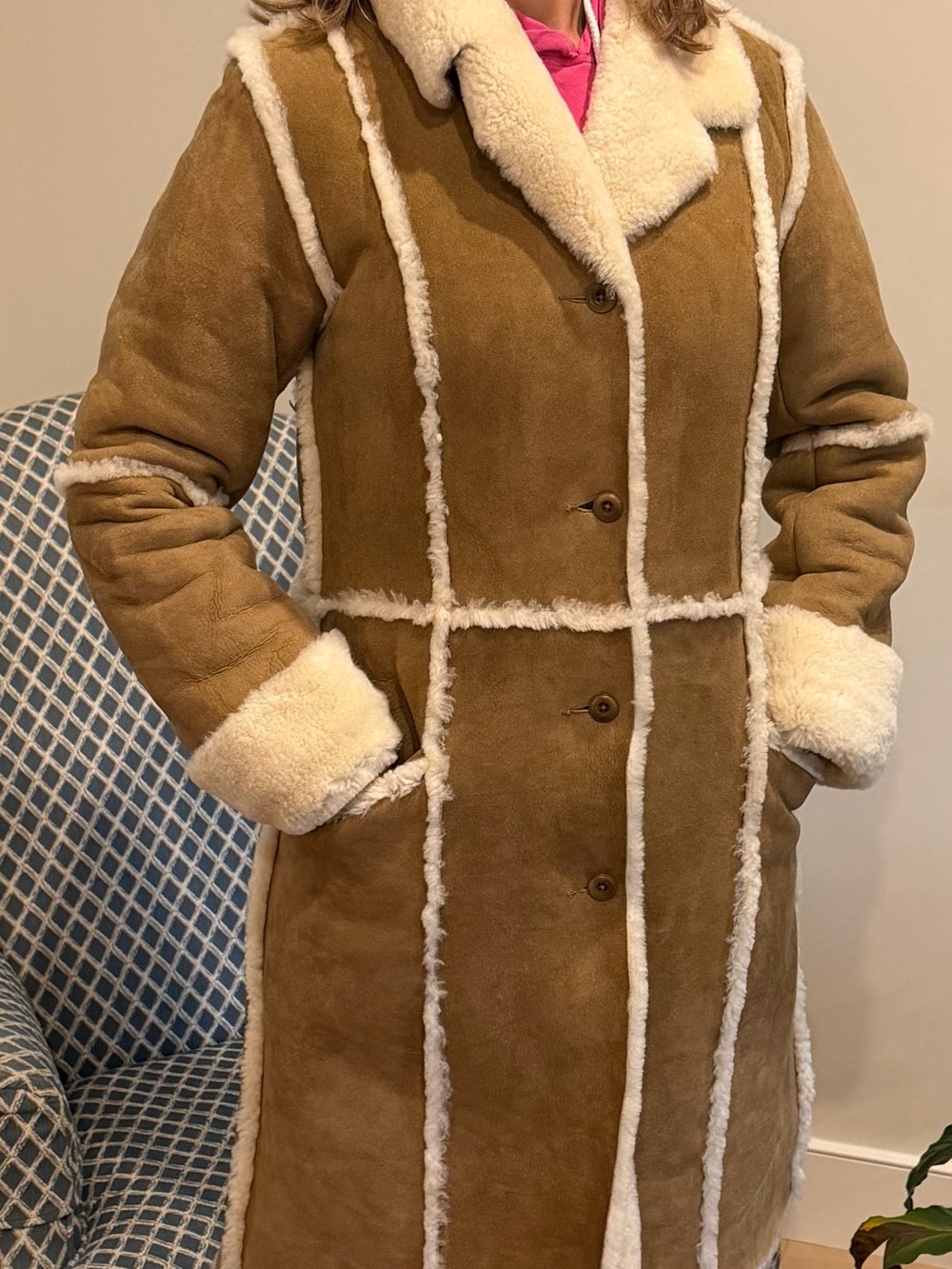 Beautiful Sundance Camel Suede Coat with Cream Shearling Trim